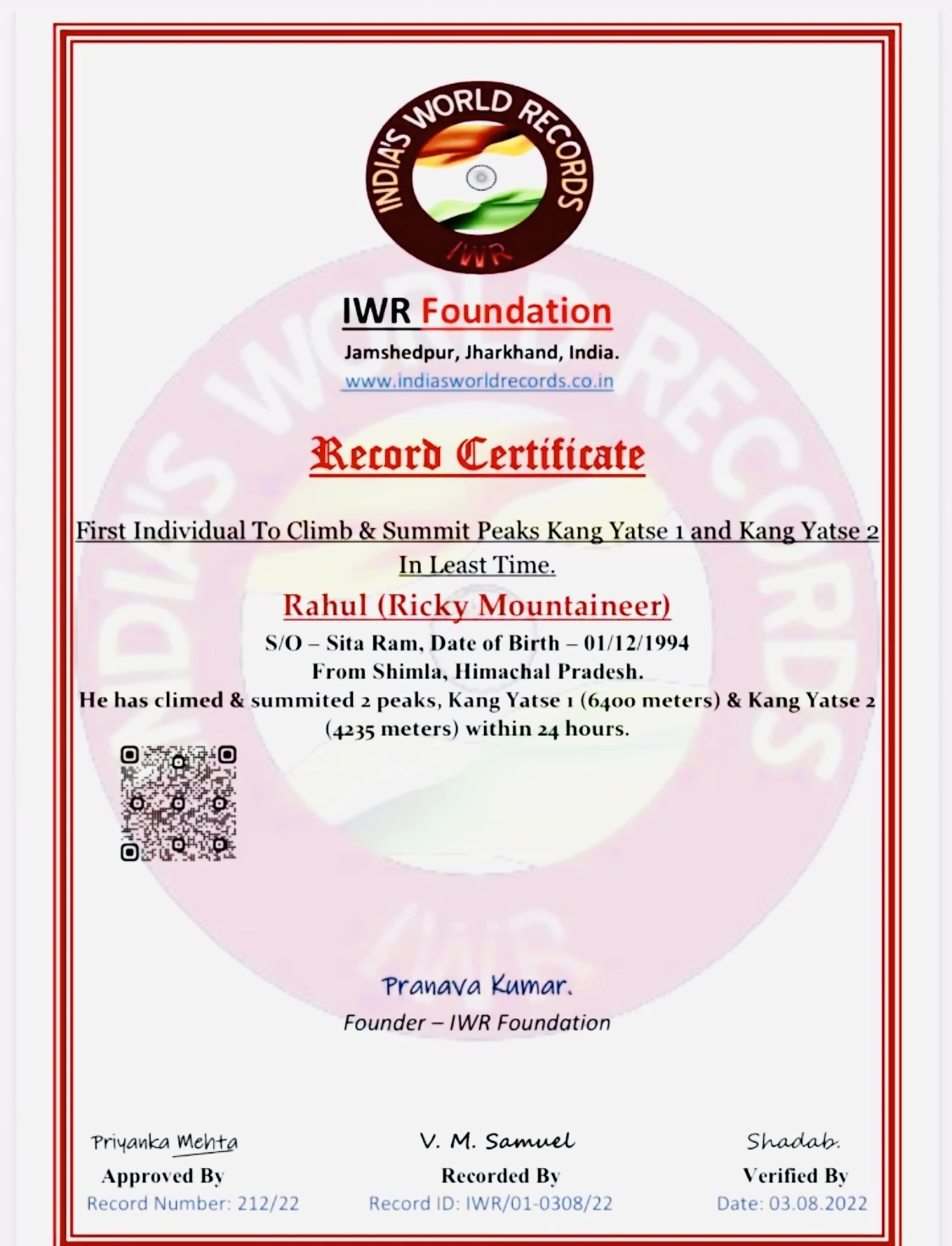 Certificate 4 awarded to White Expedition for mountaineering excellence